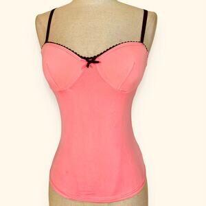 Coral pink camisole with black lace trim & bow adjustable strap top by Cristina